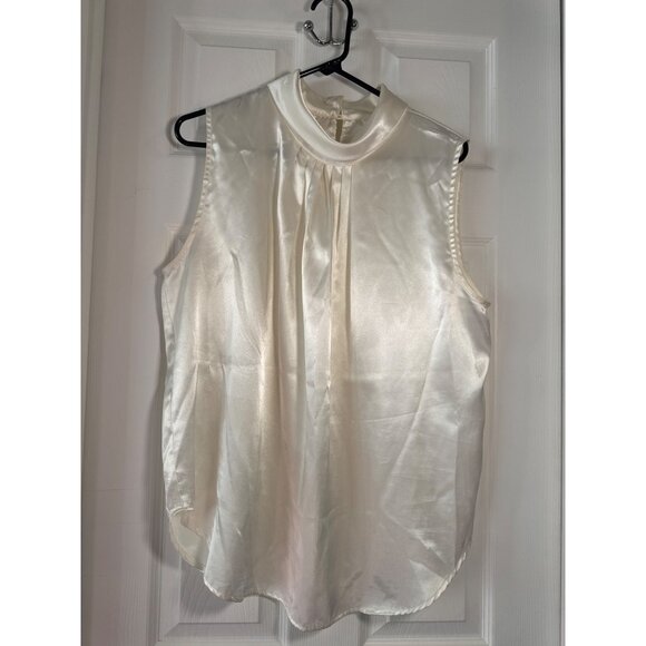 Sleeveless Ivory Satin Blouse Pleated Front By Appleseeds Size 16W Holiday - Picture 2 of 9